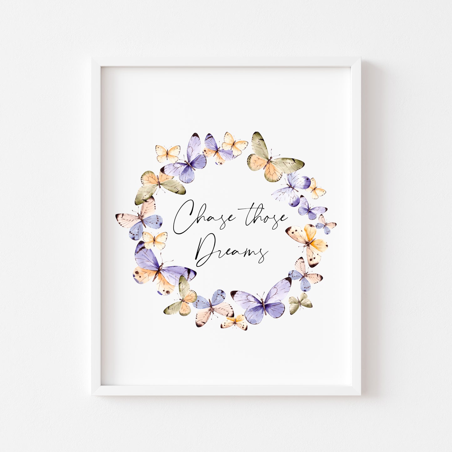 Chase those dreams purple and orange Butterfly wreath motivational bedroom, office watercolour style unframed wall art poster print