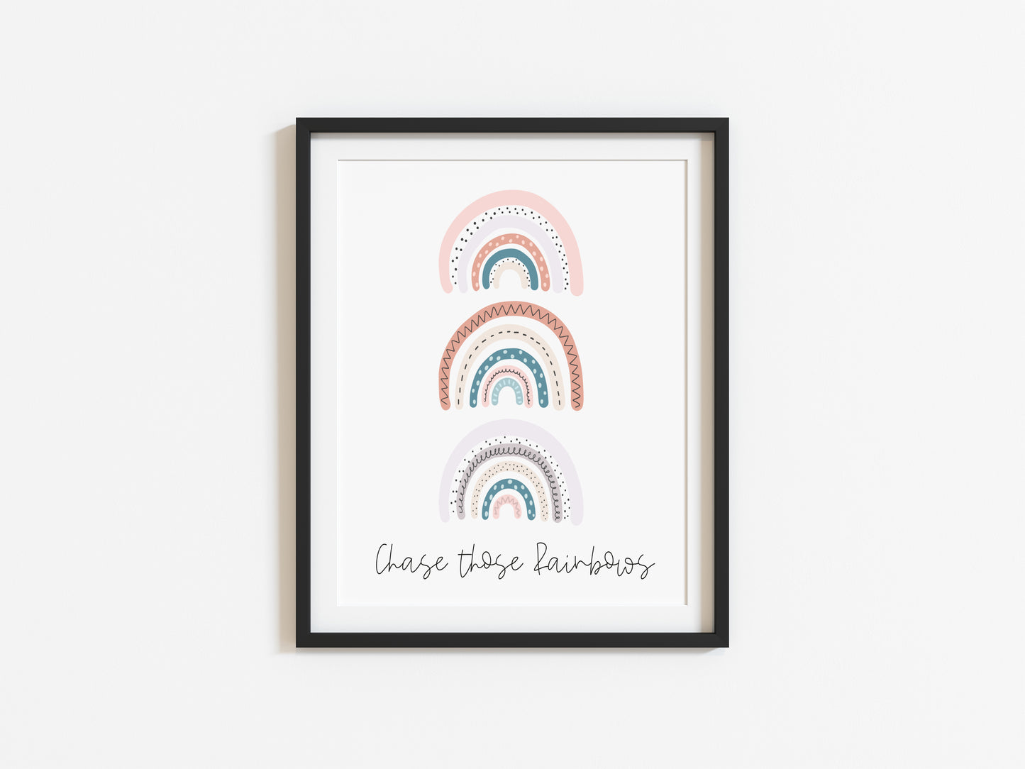 Chase those rainbows pink, cream, coral, purple rainbows watercolour illustration unframed print