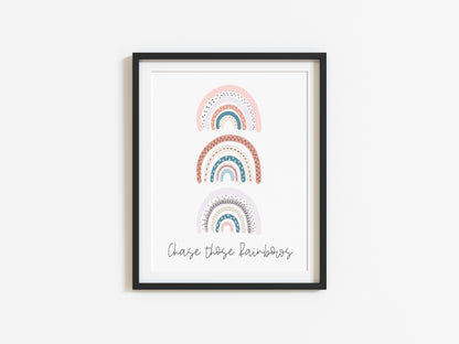 Chase those rainbows pink, cream, coral, purple rainbows watercolour illustration unframed print