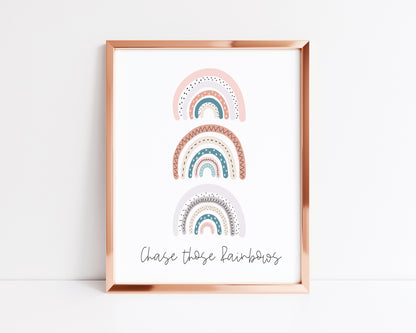 Chase those rainbows pink, cream, coral, purple rainbows watercolour illustration unframed print