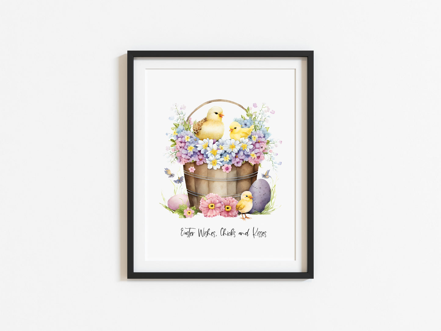 Easter wishes Chicks and kisses floral seasonal spring watercolour unframed wall art poster print