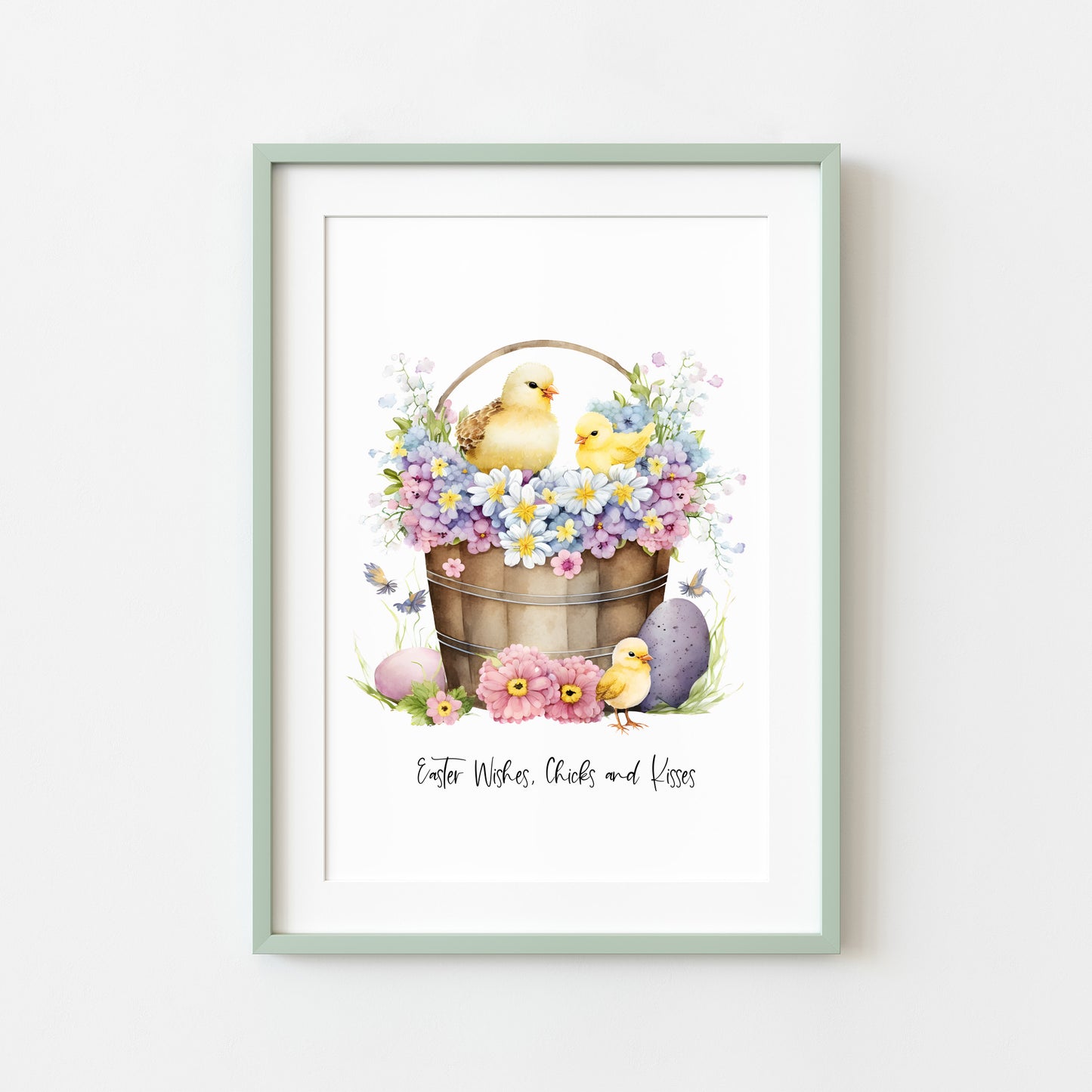 Easter wishes Chicks and kisses floral seasonal spring watercolour unframed wall art poster print