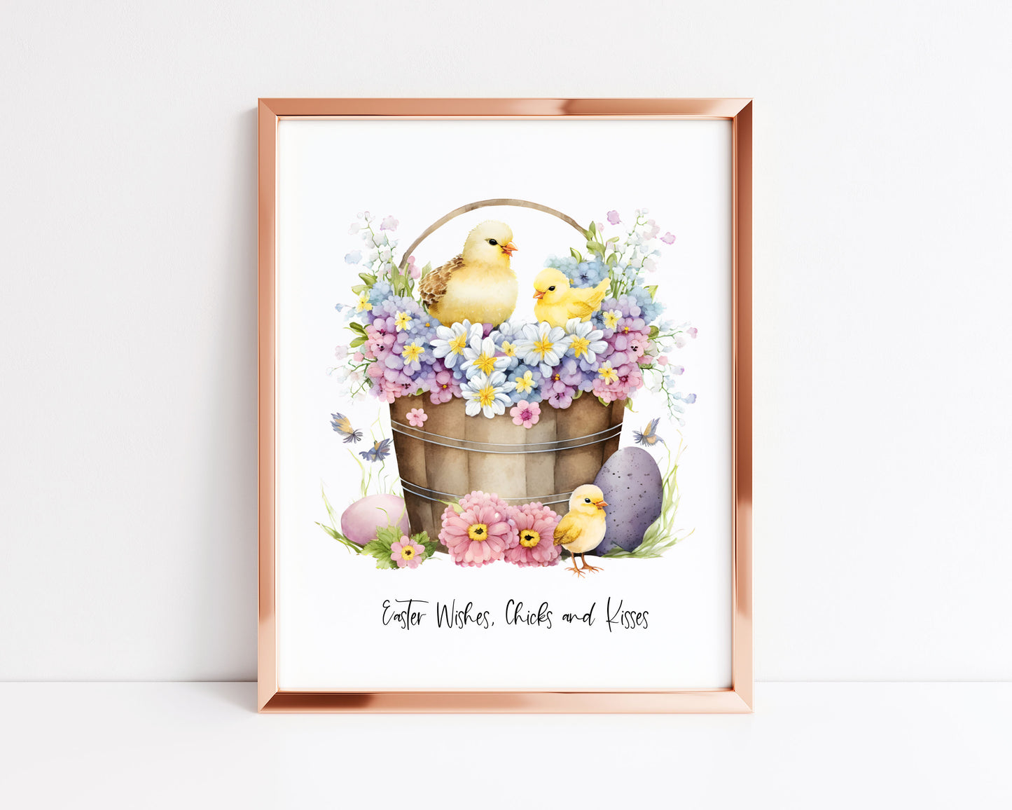 Easter wishes Chicks and kisses floral seasonal spring watercolour unframed wall art poster print