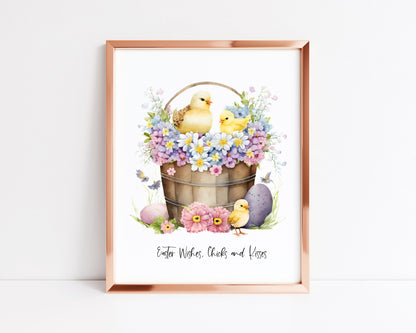 Easter wishes Chicks and kisses floral seasonal spring watercolour unframed wall art poster print