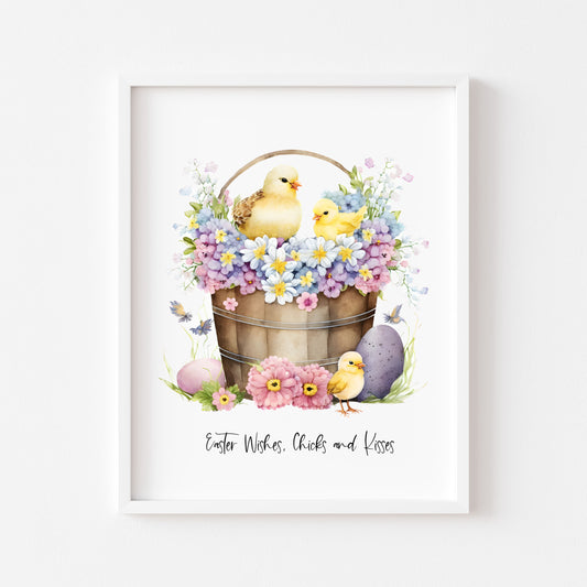 Easter wishes Chicks and kisses floral seasonal spring watercolour unframed wall art poster print