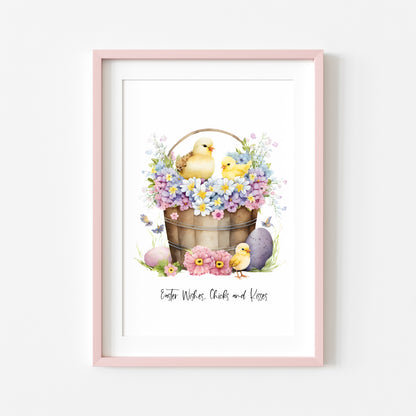 Easter wishes Chicks and kisses floral seasonal spring watercolour unframed wall art poster print