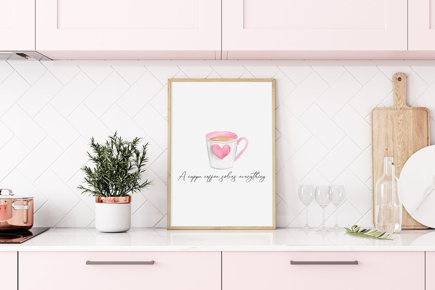 A cup of coffee solves everything cute pink heart cup watercolour kitchen coffee unframed wall art poster print