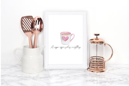 A cup of coffee solves everything cute pink heart cup watercolour kitchen coffee unframed wall art poster print