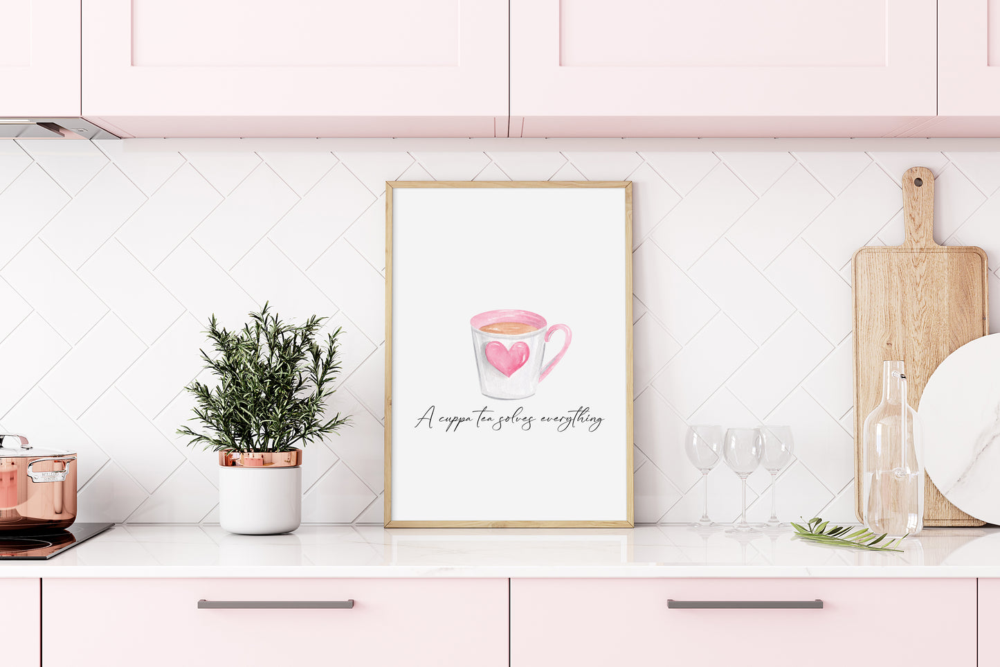 A cup of Tea solves everything cute pink heart cup typography unframed print