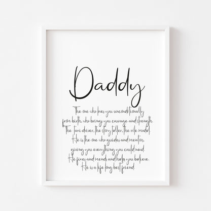 Daddy, Dad, Father, definition typography unframed wall art poster print