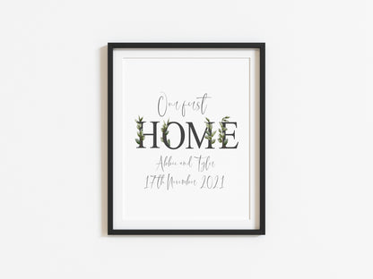 Botanical Our FIRST/NEW home, personalised with names and or dates bedroom, couples wall art unframed poster print