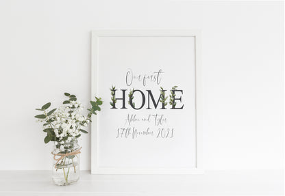 Botanical Our FIRST/NEW home, personalised with names and or dates bedroom, couples wall art unframed poster print