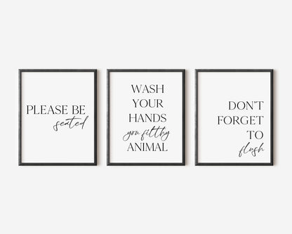 Set of 3 bathroom wall art pictures, please be seated, filthy animal, don't forget to flush poster unframed prints