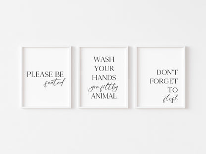 Set of 3 bathroom wall art pictures, please be seated, filthy animal, don't forget to flush poster unframed prints