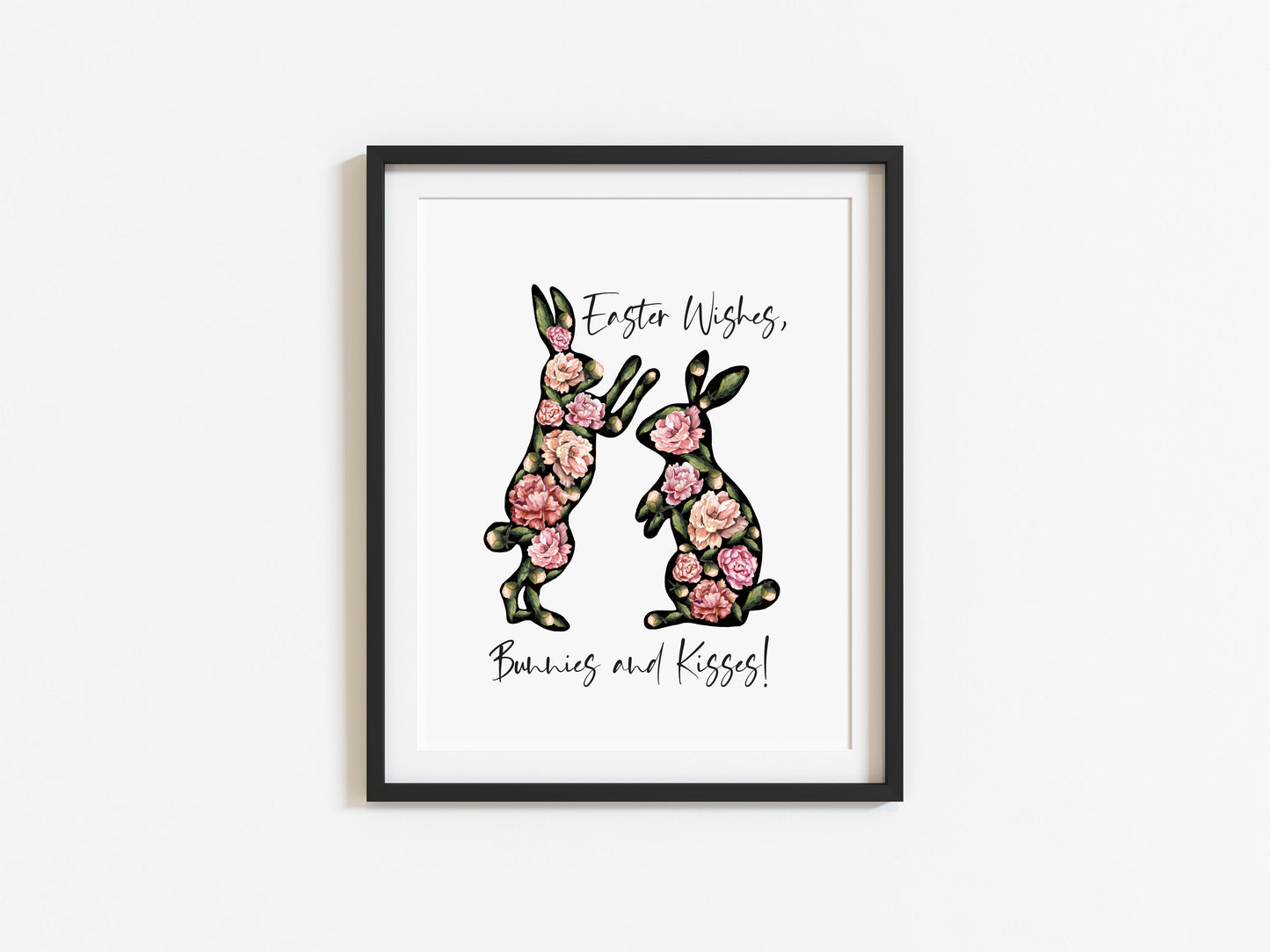 Easter print, Easter wishes bunnies and kisses floral watercolour unframed wall art poster print