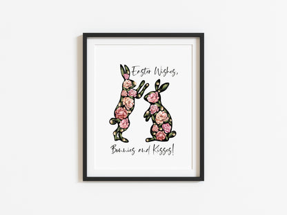 Easter print, Easter wishes bunnies and kisses floral watercolour unframed wall art poster print