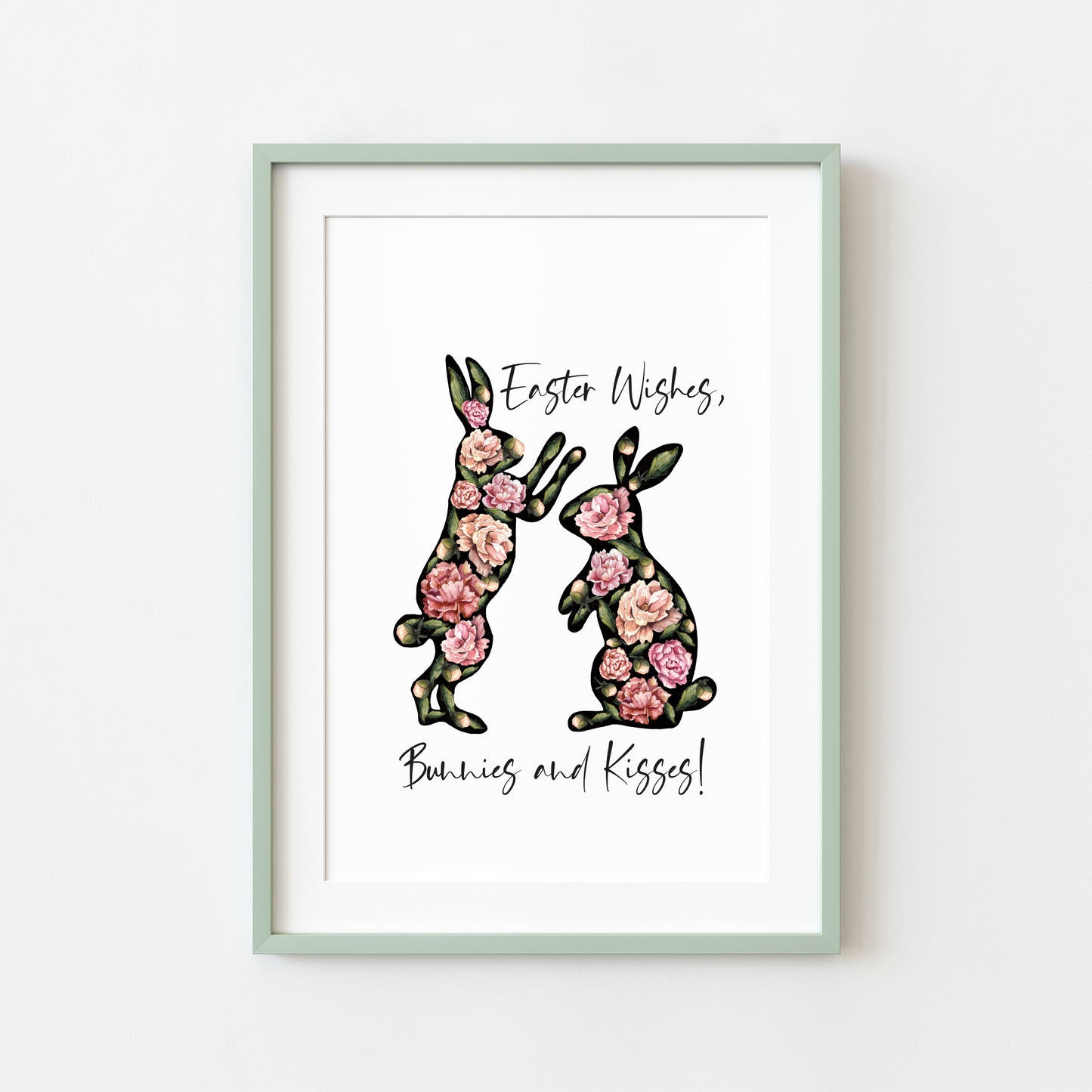 Easter print, Easter wishes bunnies and kisses floral watercolour unframed wall art poster print