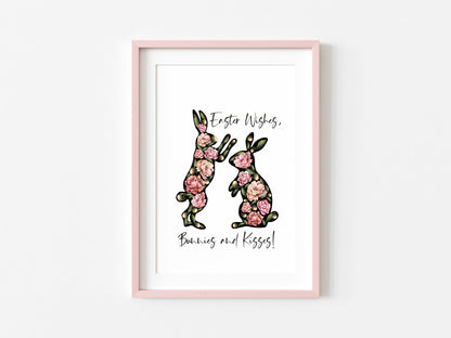 Easter print, Easter wishes bunnies and kisses floral watercolour unframed wall art poster print