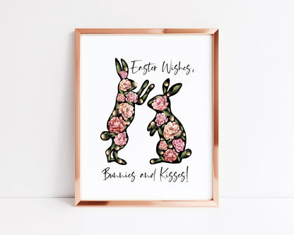 Easter print, Easter wishes bunnies and kisses floral watercolour unframed wall art poster print