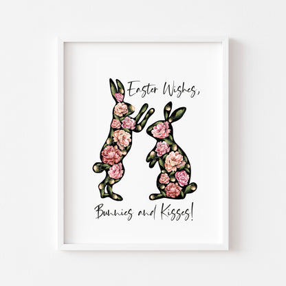 Easter print, Easter wishes bunnies and kisses floral watercolour unframed wall art poster print