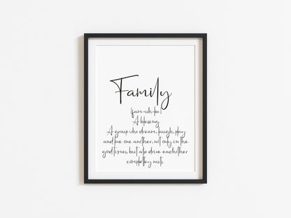 Family typography definition unframed wall art poster print