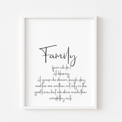 Family typography definition unframed wall art poster print