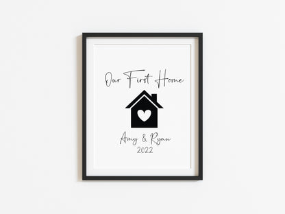 Our FIRST/NEW home, house heart print, personalised with names and or dates couples wall art new home gift unframed poster print