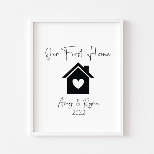 Our FIRST/NEW home, house heart print, personalised with names and or dates couples wall art new home gift unframed poster print