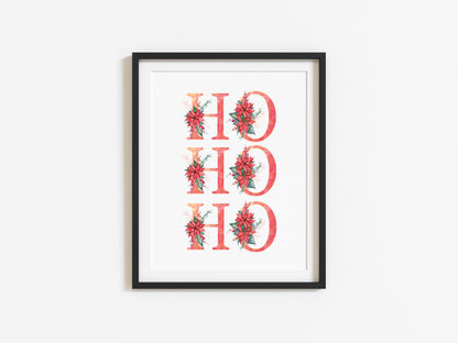 HO HO HO red crimson floral Christmas letters seasonal unframed wall art poster print