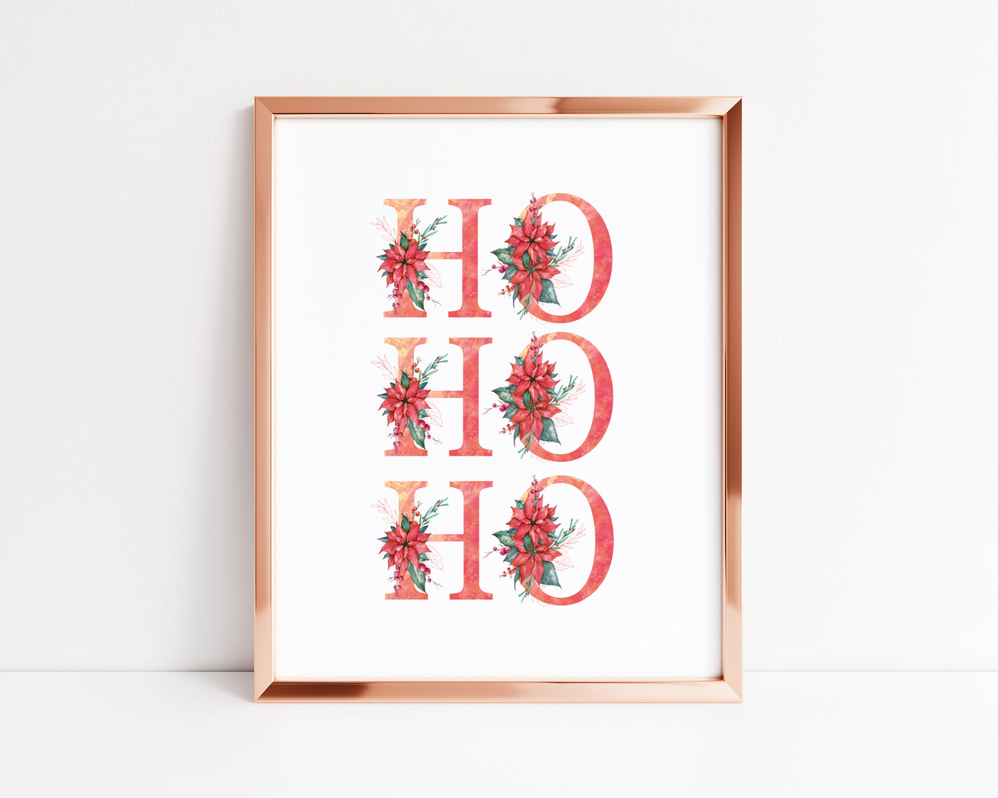 HO HO HO red crimson floral Christmas letters seasonal unframed wall art poster print