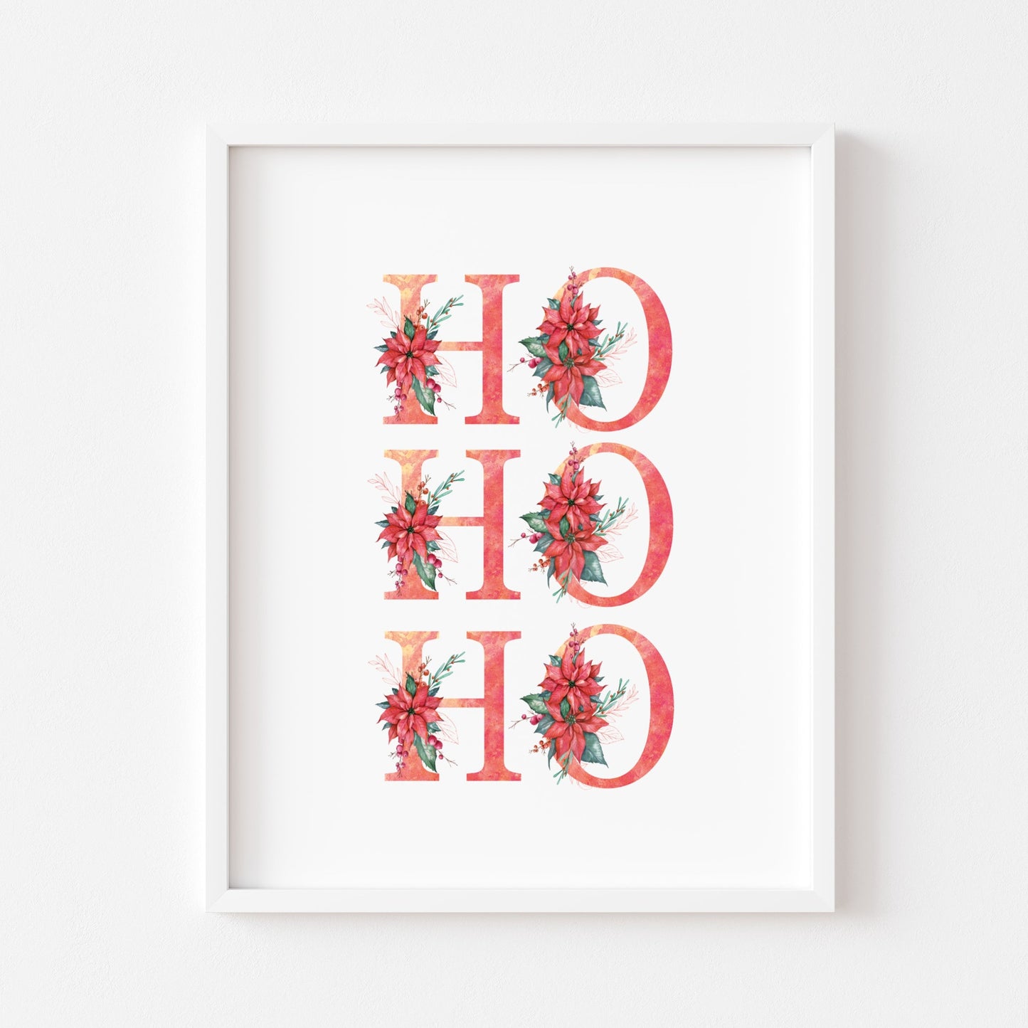 HO HO HO red crimson floral Christmas letters seasonal unframed wall art poster print