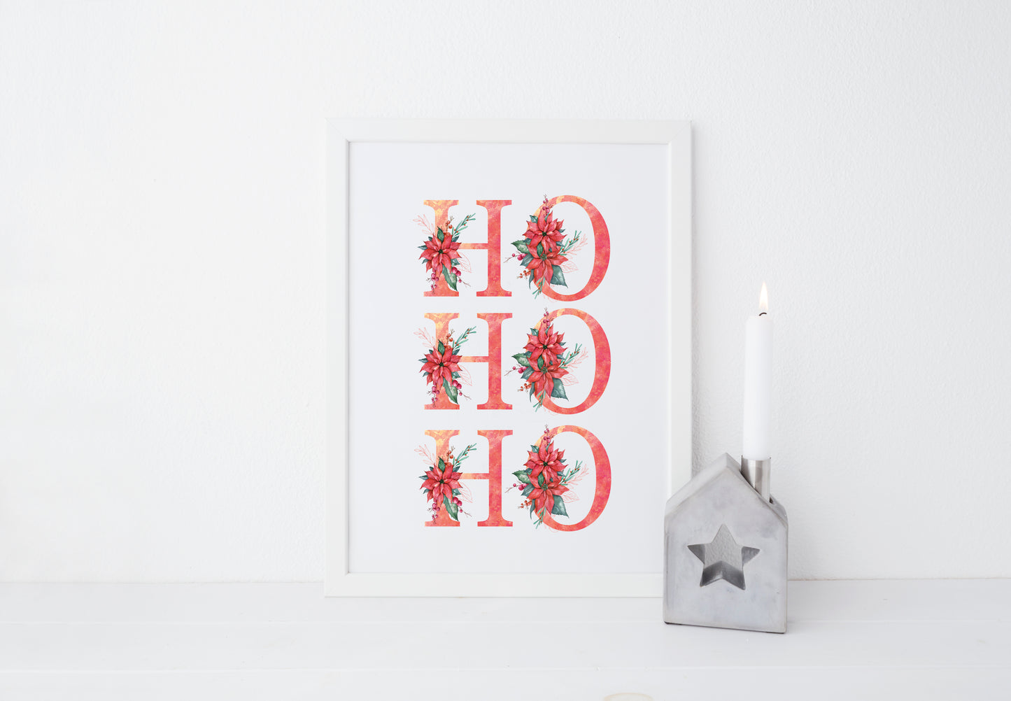 HO HO HO red crimson floral Christmas letters seasonal unframed wall art poster print