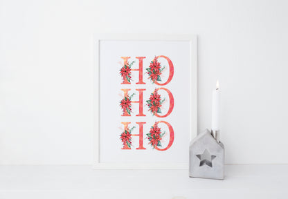 HO HO HO red crimson floral Christmas letters seasonal unframed wall art poster print