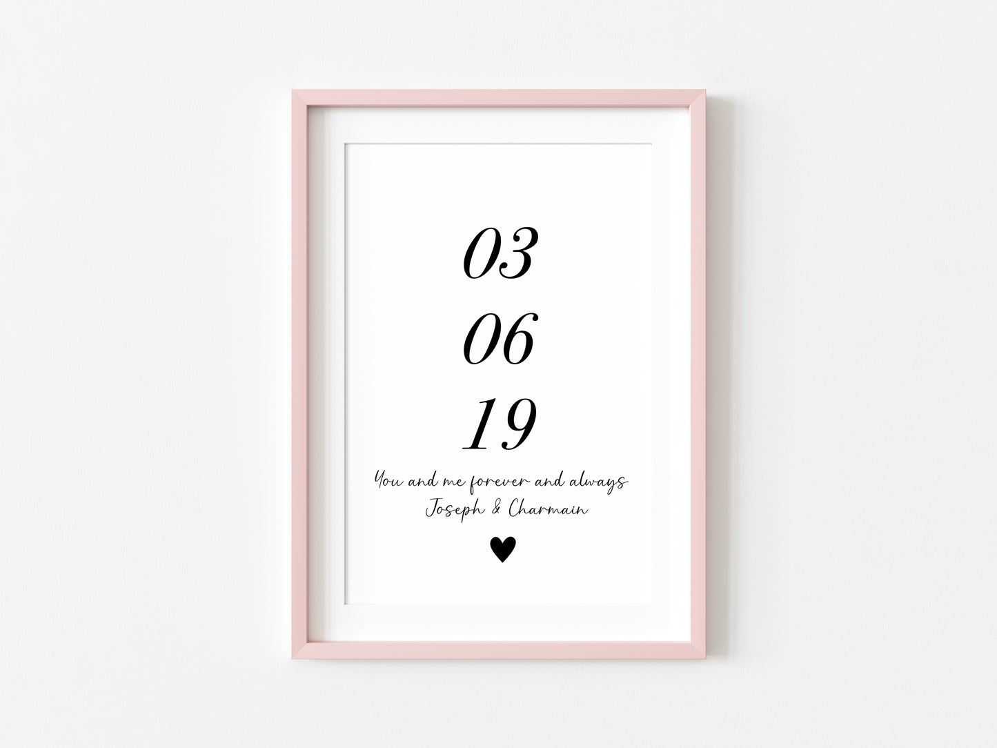 Personalised Print, engagement, couples gift with names & date, forever and always heart unframed wall art poster print