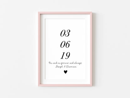 Personalised Print, engagement, couples gift with names & date, forever and always heart unframed wall art poster print