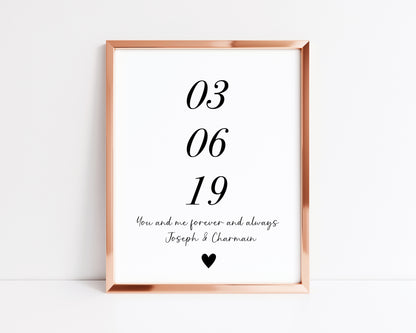 Personalised Print, engagement, couples gift with names & date, forever and always heart unframed wall art poster print