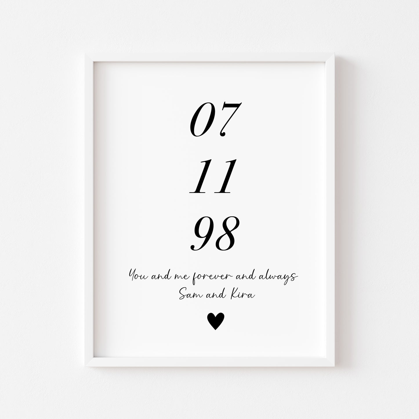 Personalised Print, engagement, couples gift with names & date, forever and always heart unframed wall art poster print