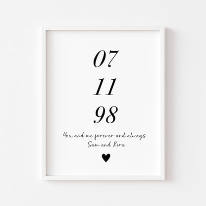 Personalised Print, engagement, couples gift with names & date, forever and always heart unframed wall art poster print