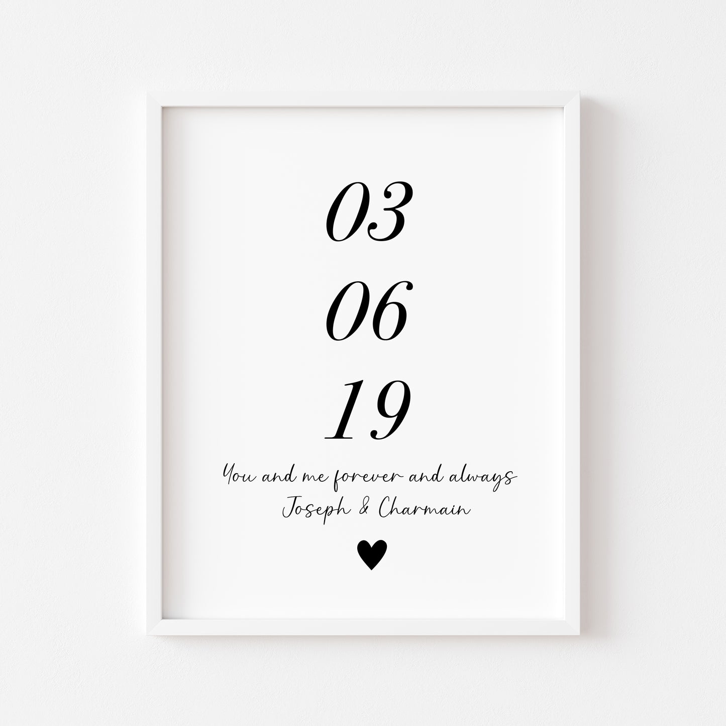 Personalised Print, engagement, couples gift with names & date, forever and always heart unframed wall art poster print