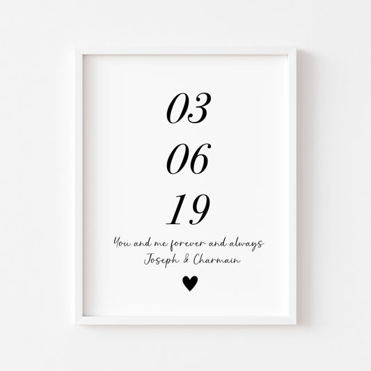 Personalised Print, engagement, couples gift with names & date, forever and always heart unframed wall art poster print