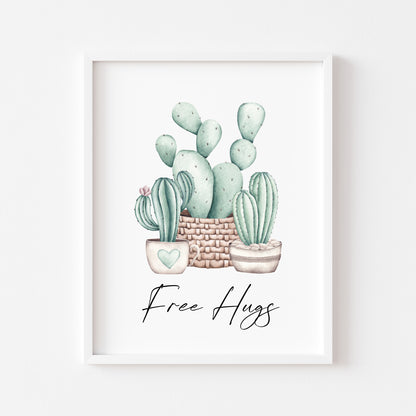 Free hugs funny cactus/plants watercolour illustration unframed wall art poster print