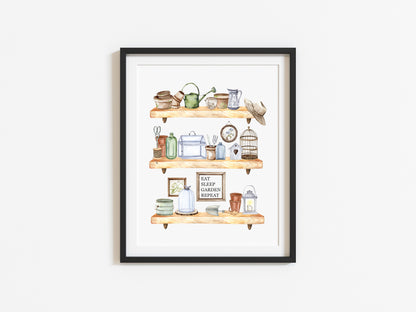 Garden shed shelfie watercolour illustration gardening spring summer wall art unframed print