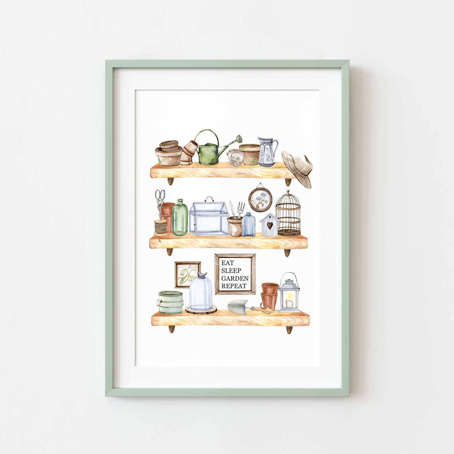 Garden shed shelfie watercolour illustration gardening spring summer wall art unframed print