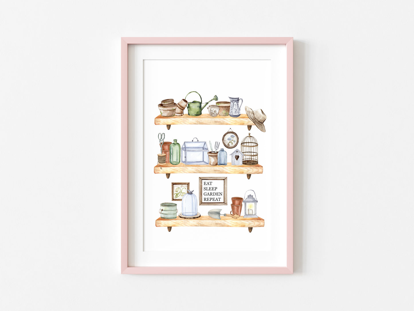 Garden shed shelfie watercolour illustration gardening spring summer wall art unframed print