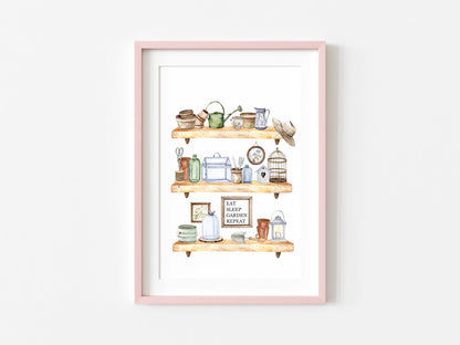 Garden shed shelfie watercolour illustration gardening spring summer wall art unframed print