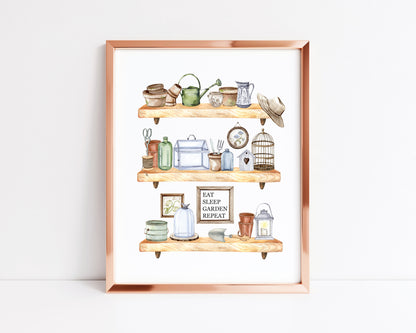 Garden shed shelfie watercolour illustration gardening spring summer wall art unframed print