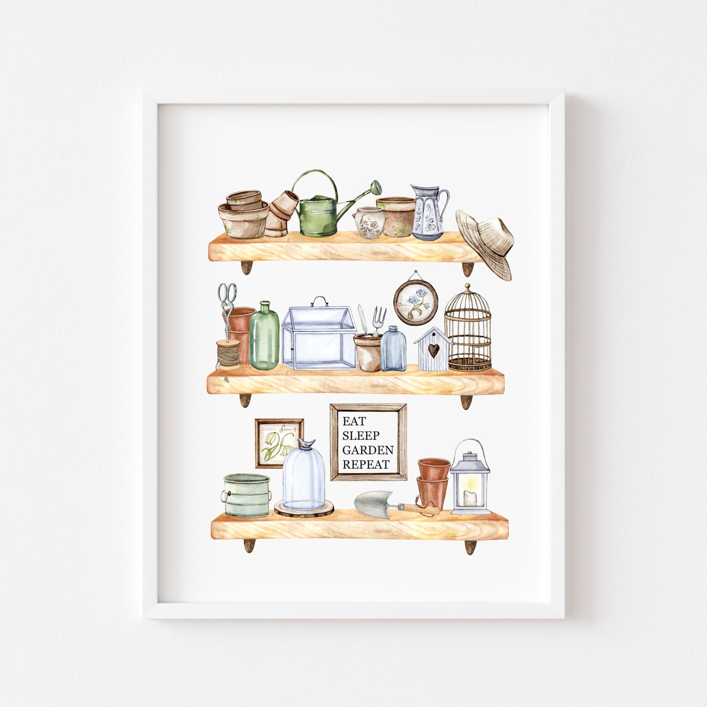 Garden shed shelfie watercolour illustration gardening spring summer wall art unframed print