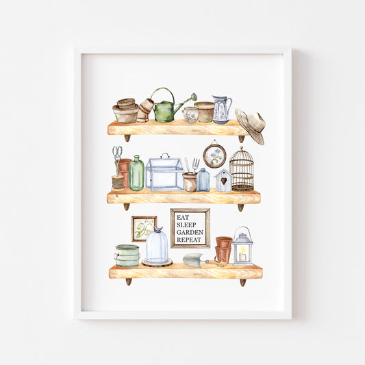 Garden shed shelfie watercolour illustration gardening spring summer wall art unframed print