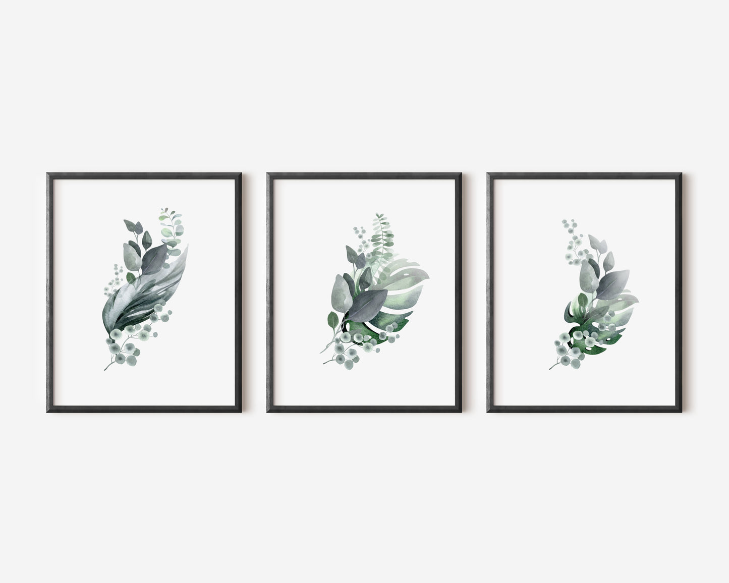 Set of 3 plain botanical greenery bouquets unframed prints