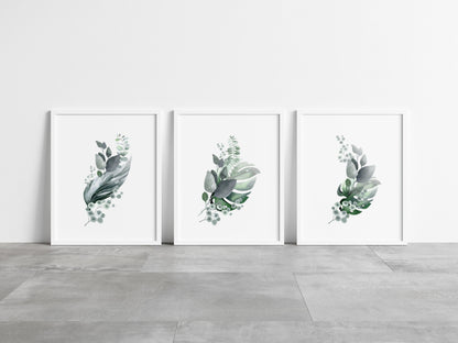 Set of 3 plain botanical greenery bouquets unframed prints